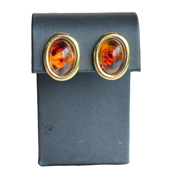 Vintage Kenneth Jay Lane KJL Faux Amber Tortoise Gold Clip Earrings - Picture 8 of 10